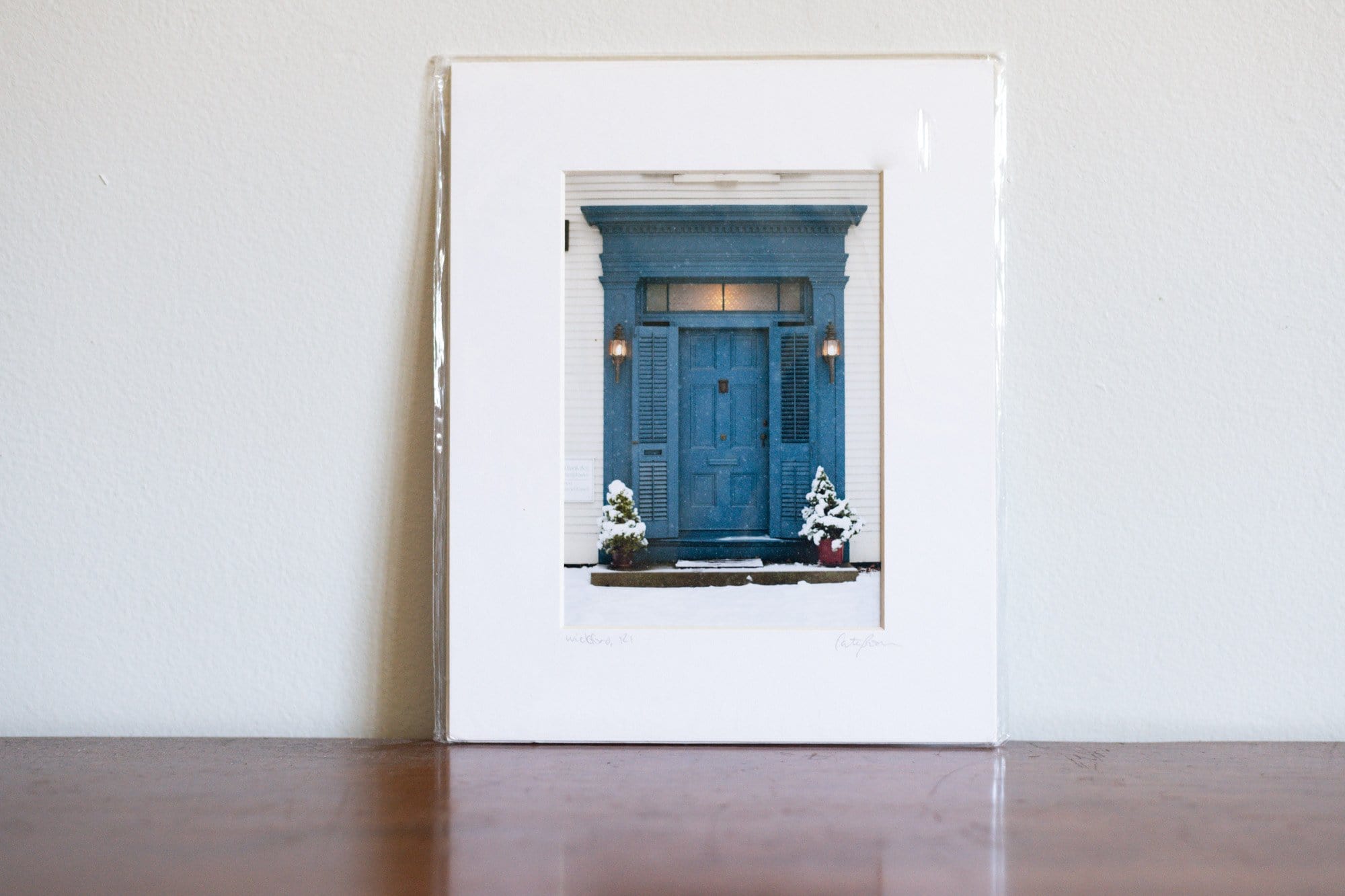 Cate Brown Photo Big Blue Door Wickford Doors in Winter // Matted Mini Print 8x10" Available Inventory Ocean Fine Art